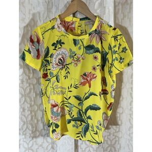 Loft Yellow Floral Blouse Top Womens Keyhole Back Size Small Petite